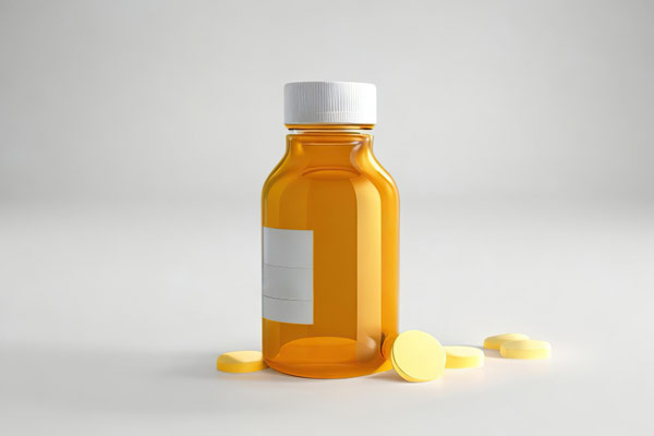 A bottle of medicine surrounded by scattered pills, representing a treatment option for various ailments.